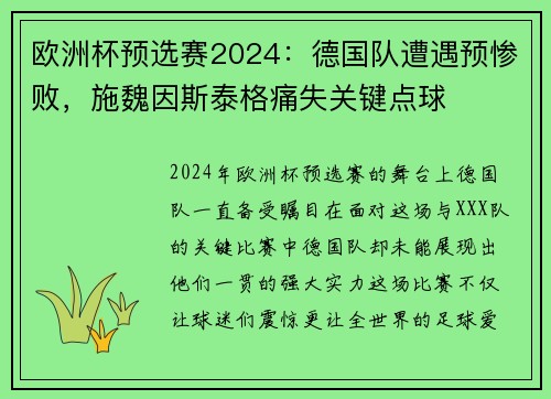 欧洲杯预选赛2024：德国队遭遇预惨败，施魏因斯泰格痛失关键点球