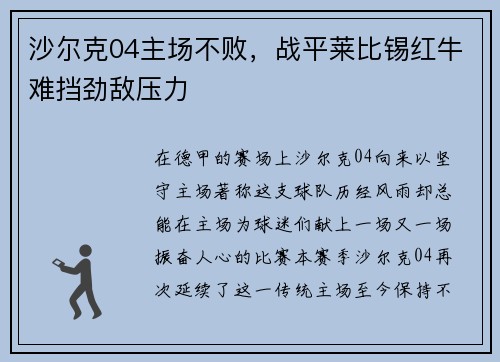 沙尔克04主场不败，战平莱比锡红牛难挡劲敌压力