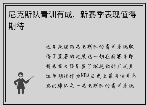 尼克斯队青训有成，新赛季表现值得期待