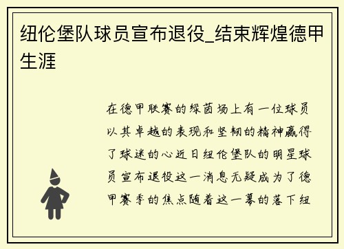 纽伦堡队球员宣布退役_结束辉煌德甲生涯