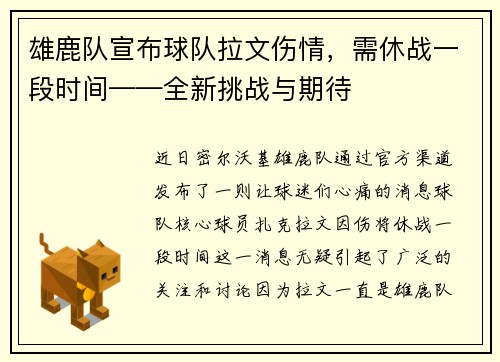 雄鹿队宣布球队拉文伤情，需休战一段时间——全新挑战与期待