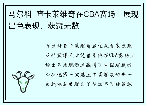 马尔科-查卡莱维奇在CBA赛场上展现出色表现，获赞无数