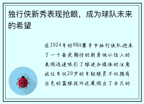 独行侠新秀表现抢眼，成为球队未来的希望