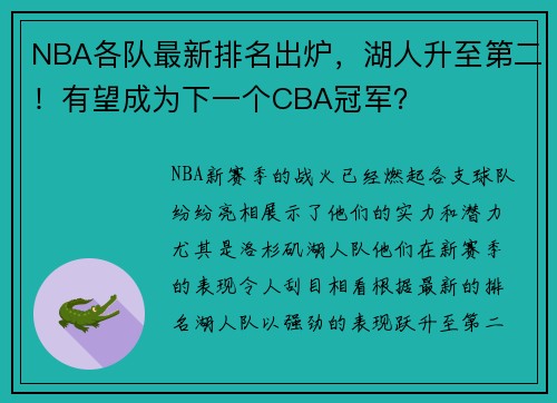 NBA各队最新排名出炉，湖人升至第二！有望成为下一个CBA冠军？