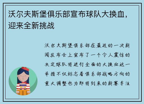 沃尔夫斯堡俱乐部宣布球队大换血，迎来全新挑战