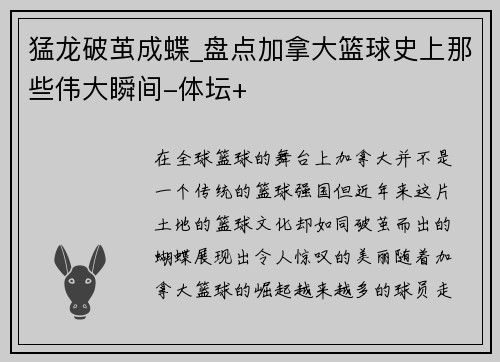 猛龙破茧成蝶_盘点加拿大篮球史上那些伟大瞬间-体坛+