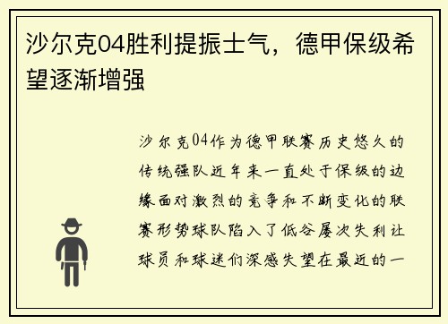 沙尔克04胜利提振士气，德甲保级希望逐渐增强