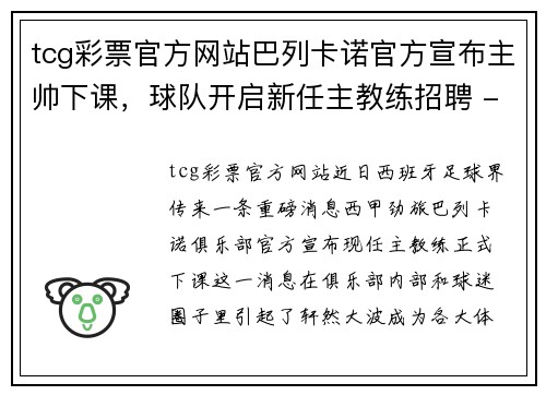 tcg彩票官方网站巴列卡诺官方宣布主帅下课，球队开启新任主教练招聘 - 副本